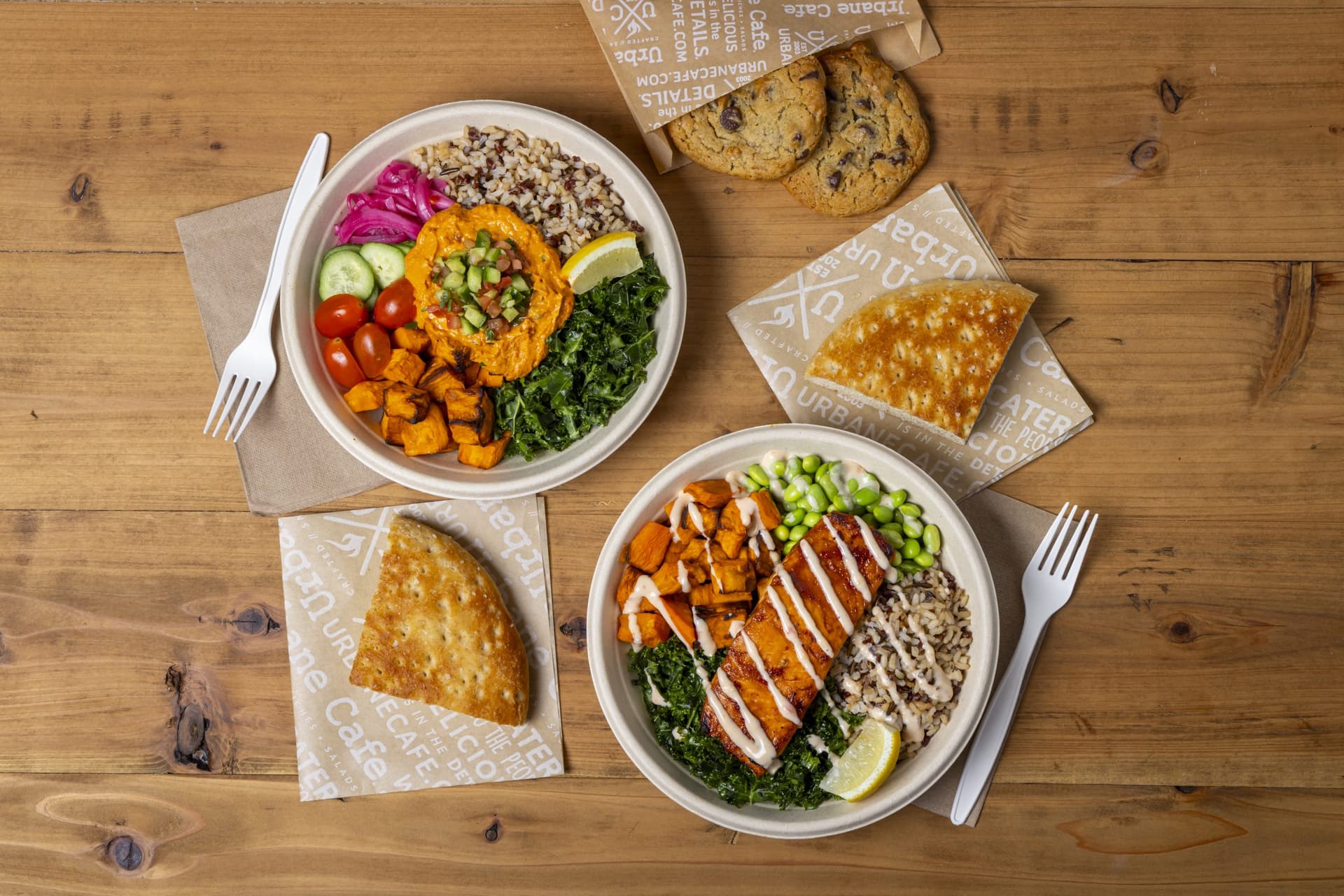 Salad bowls on a wood table