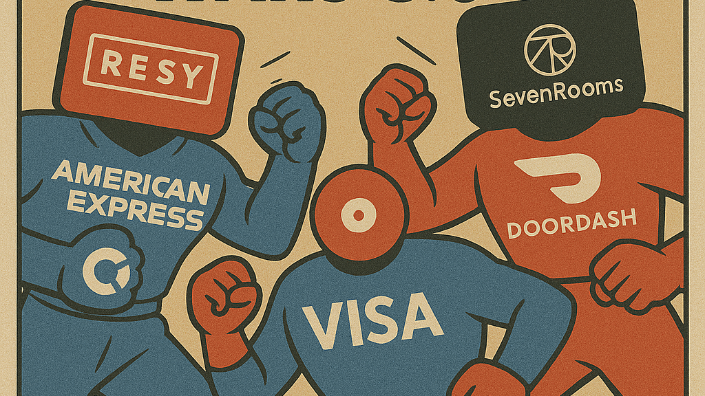 Cartoon characters with restaurant and tech company logos