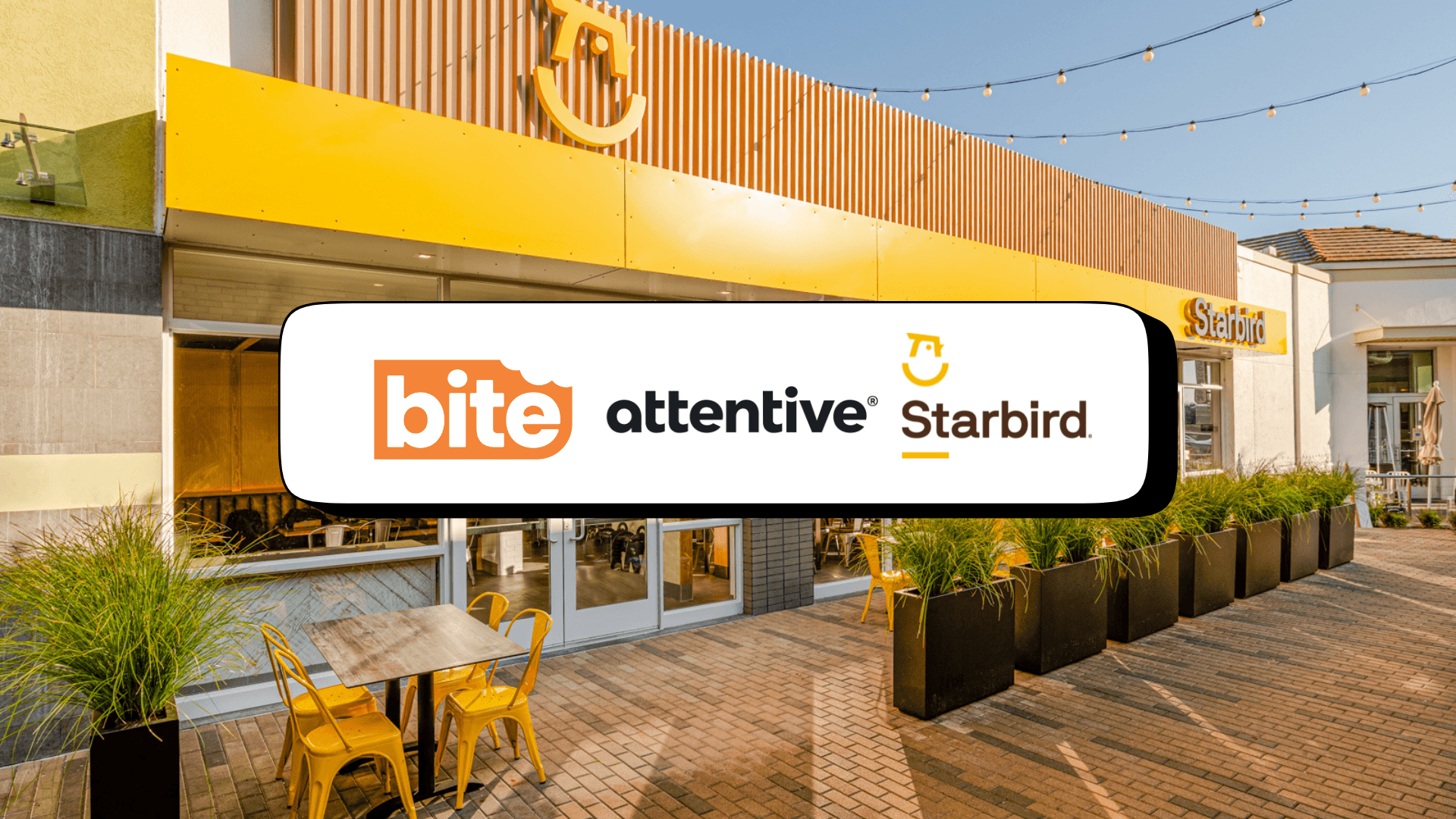 A restaurant with two logos overlaid on top of the image