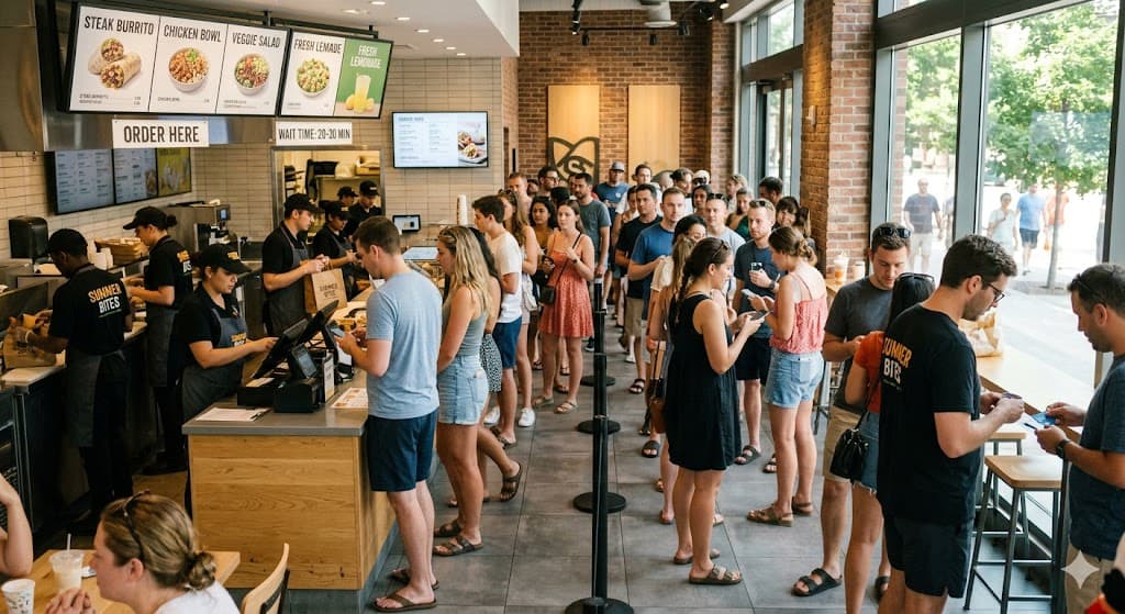 A busy line at a fast casual/QSR restaurant in summer