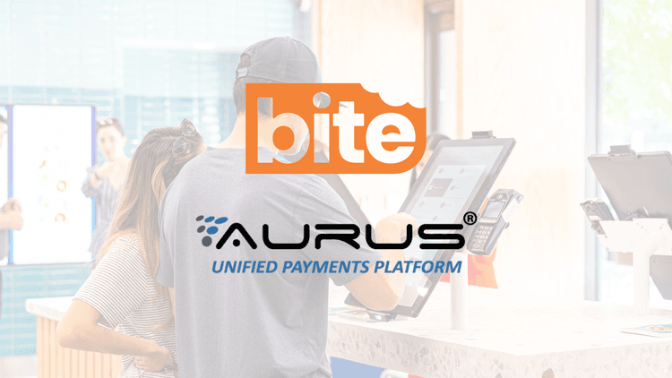 Aurus and Bite logos over an image of a person at a kiosk