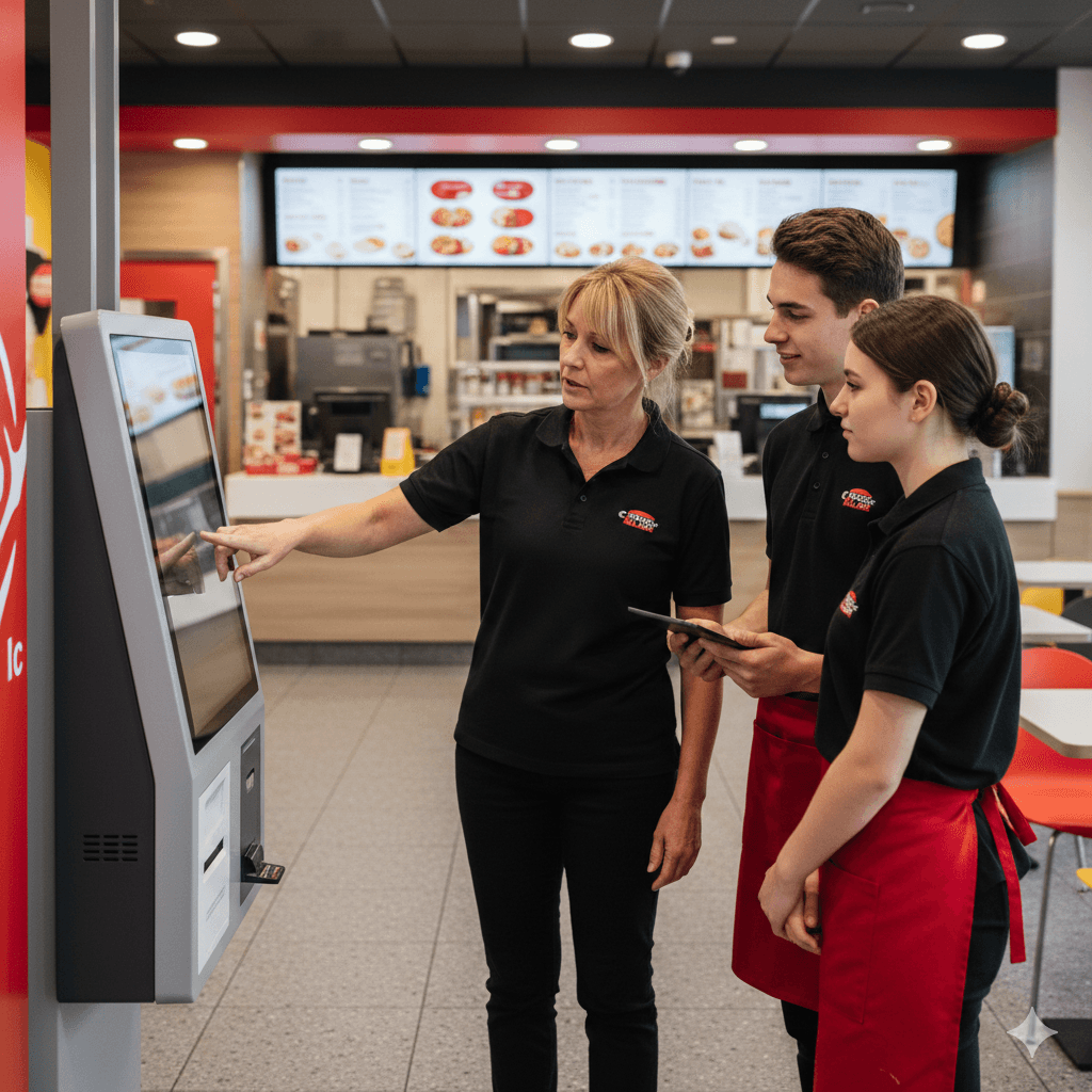 a manager training a staff on how to use kiosks at a quick service restaurant.