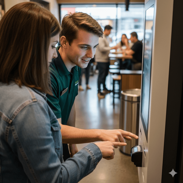 A restaurant worker helping a woman navigate a kiosk