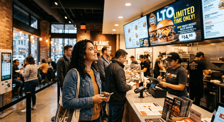 image of a person at a QSR or fast casual restaurant looking at a digital menu that features a limited time offering