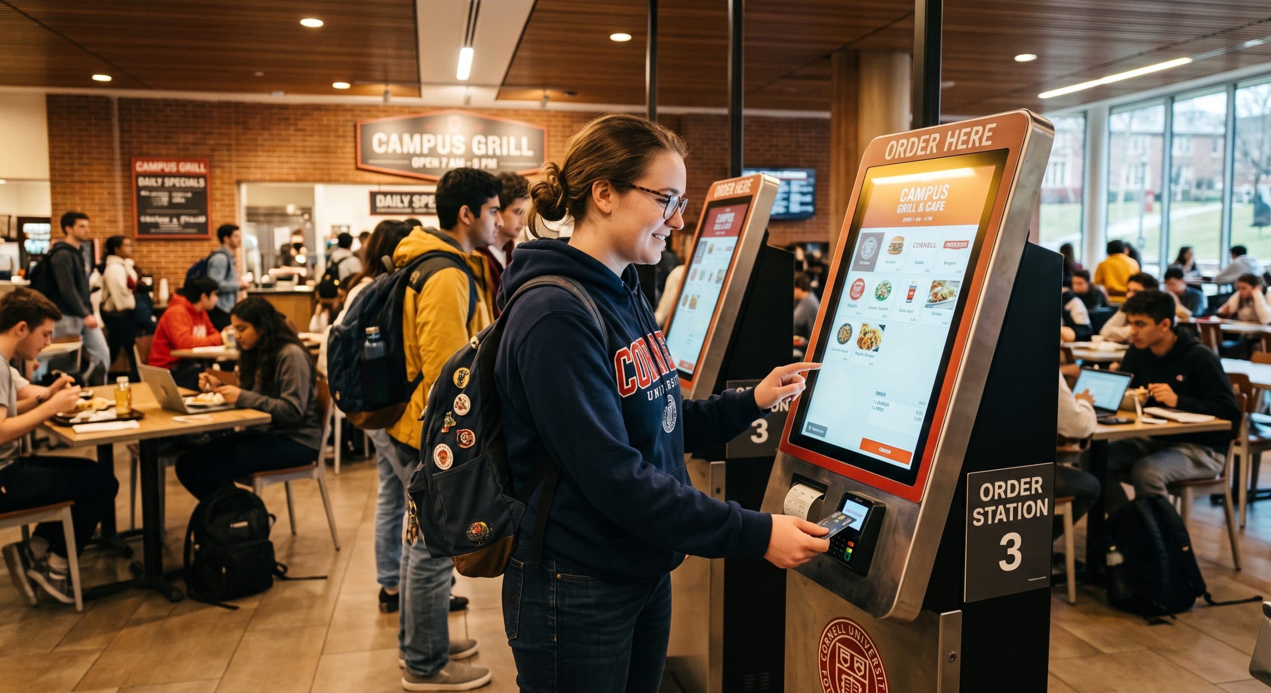 A college student orders food from a kiosk at a college campus dining hall.