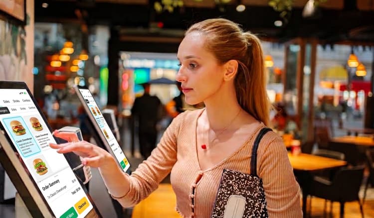 A woman ordering food at a kiosk