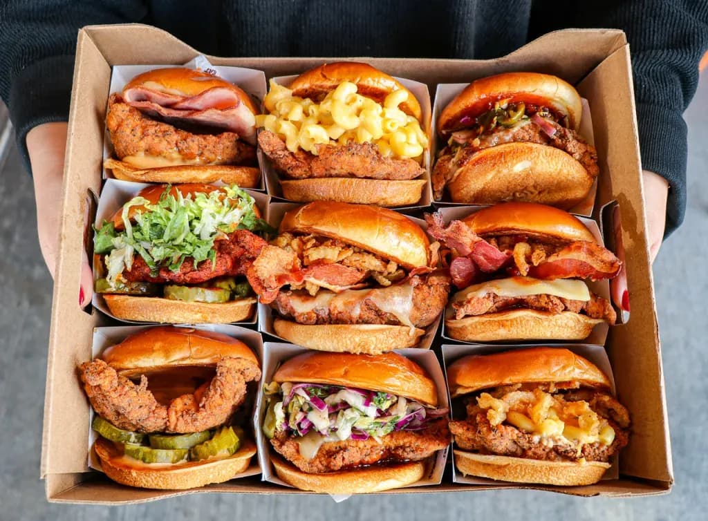 A box full of hamburgers